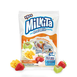 Milkita The Real Milk Lollipop Bag, Gluten Free Chewy Candies with Calcium & Real Milk, Zero Trans Fat, Low-Sugar, Fruity Flavors (Strawberry, Honeydew, Mango), 10 Pcs